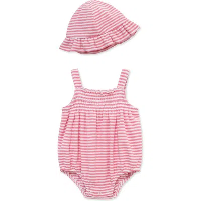 Little Me Babies'  Stripe Terry Bubble Romper & Sun Hat Set In Pink