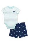 Little Me Stripe Whale Embroidered Cotton Bodysuit & Shorts Set