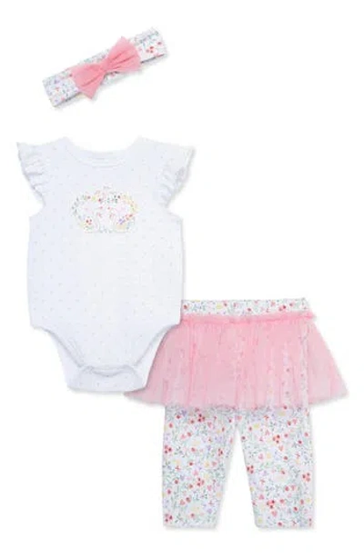 Little Me Baby Girls Swans Bodysuit, Skirted Leggings & Headband, 3 Piece Set In Bright Pink