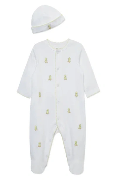 Little Me Babies'  Sweet Ducks Embroidered Cotton Footie & Hat Set In White