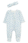 Little Me Trellis Rose Ruffle Cotton Footie & Headband Set In Blue