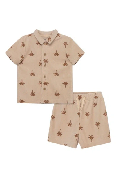 Little Me Babies'  Tropical Terry Button-up Shirt & Shorts Set In Tan
