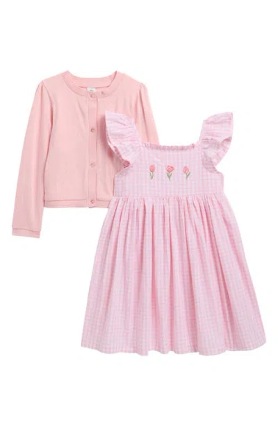 Little Me Babies'  Tulip Sleeve Dress & Cardigan Set In Pink
