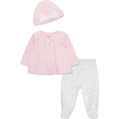 Little Me Baby Girls Tulips Cotton Cardigan, Hat & Footed Pants, 3 Piece Set In Brght Pink