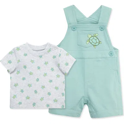 Little Me Babies'  Turtles Cotton T-shirt & Overalls Set In Green