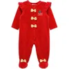 Little Me Velour Festive Stripe Footie In Red