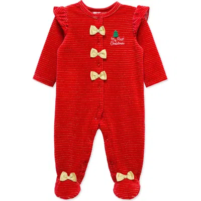 Little Me Babies'  Velour Festive Stripe Footie In Red