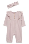 Little Me Violet Ruffle Knit Romper And Headband Set In Neutral