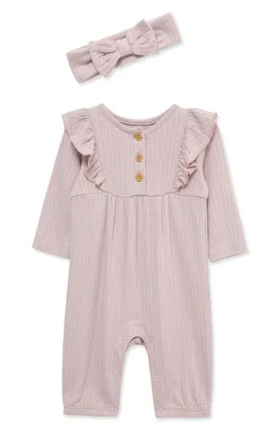 Little Me Babies'  Violet Ruffle Knit Romper And Headband Set In Neutral