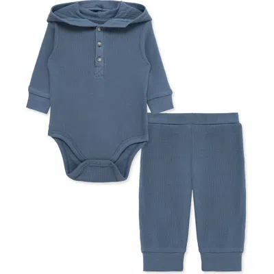 Little Me Babies'  Waffle Hooded Bodysuit & Pants Set In Blue