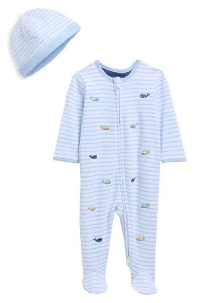 Little Me Babies'  Whale Cotton Footie & Hat Set In Blue
