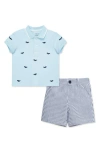 Little Me Whale Embroidered Cotton Polo & Stripe Shorts Set