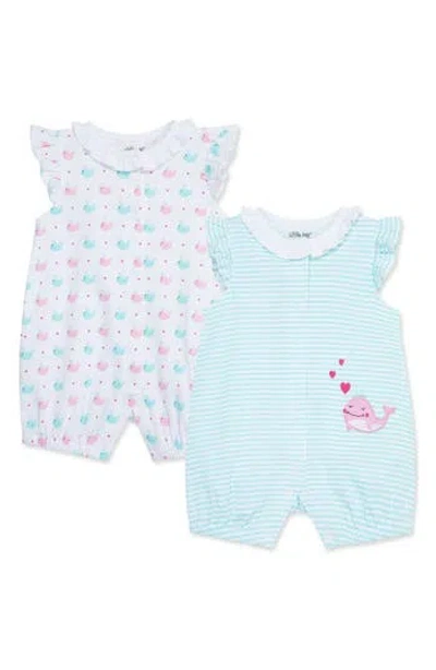Little Me Whale Print 2-pack Rompers In Aqua/white Assorted