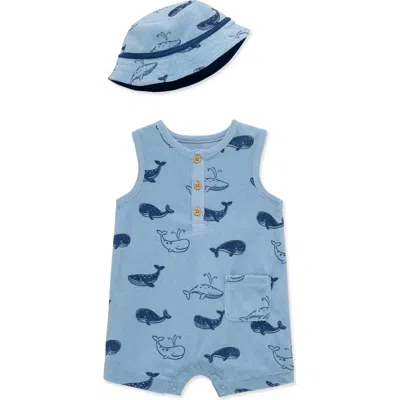 Little Me Babies'  Whale Print Terry Romper & Sun Hat Set In Blue