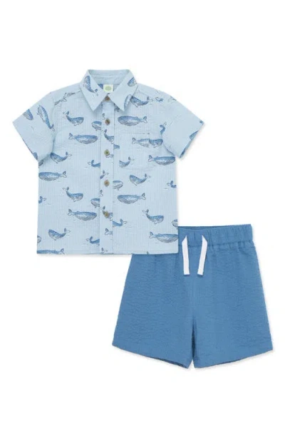 Little Me Babies'  Whale Woven Cotton Button-up Shirt & Shorts Set In Blue