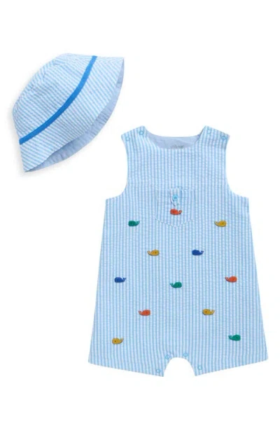 Little Me Babies'  Whales Cotton Seersucker Romper & Bucket Hat Set In Blue