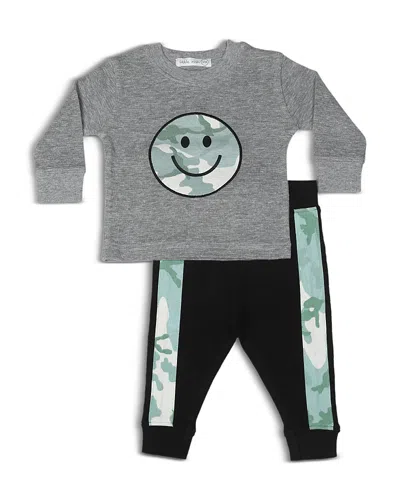 Little Mish Boys' Camo Patch Smiley Thermal Shirt & Pants Set - Baby In Heather Grey