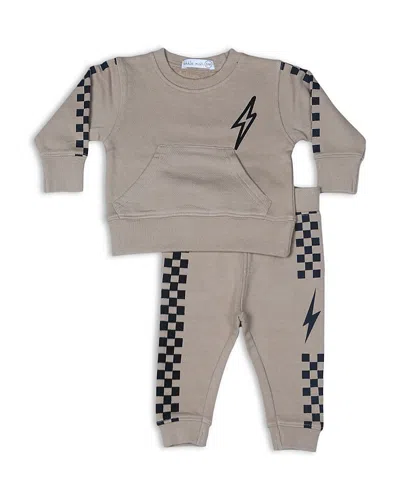 Little Mish Boys' Speed Racer Check Bolt French Terry Top & Pants Set - Baby In Stone