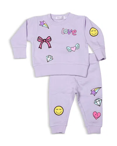 Little Mish Girls' Doodle Patch Appliques French Terry Top & Pants Set - Baby In Purple