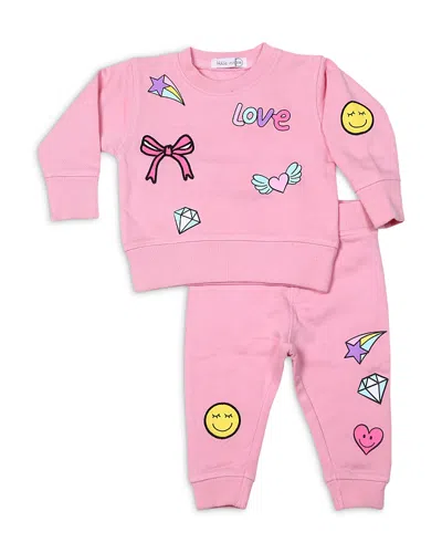 Little Mish Girls' Doodle Patch Appliques French Terry Top & Pants Set - Little Kid In Pink