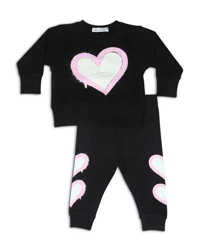 Little Mish Girls' Graffiti Heart Applique French Terry Top & Pants Set - Baby In Black