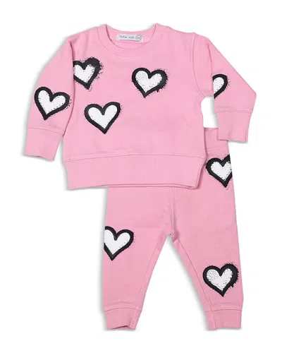 Little Mish Girls' Graffiti Hearts French Terry Top & Pants Set - Little Kid In Pink