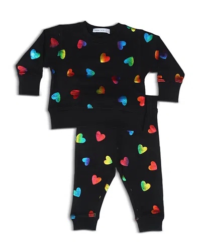 Little Mish Girls' Rainbow Foil Allover Hearts French Terry Top & Pants Set - Baby In Black
