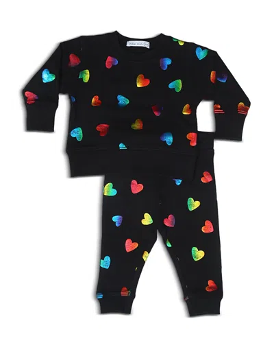 Little Mish Girls' Rainbow Foil Allover Hearts French Terry Top & Pants Set - Little Kid In Black