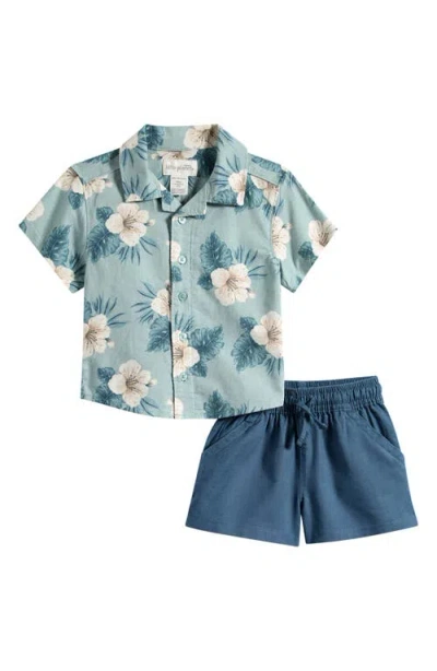 Little Planet Babies'  Floral Button-up Shirt & Drawstring Shorts Set In Green