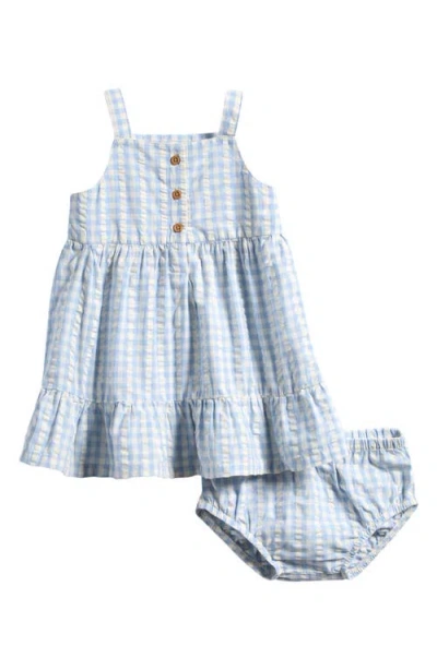 Little Planet Babies'  Gingham Seersucker Sundress & Bloomers Set In Blue