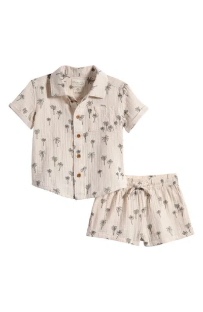Little Planet Babies'  Print Organic Cotton Gauze Button-up Shirt & Shorts Set In Green
