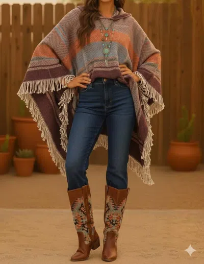 Little Secret Of Mine Boho Chic Long Sleeve V-neck Hooded Plaid Pullover Poncho In Multi