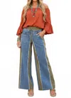 Little Secret Of Mine Boho Elastic Waist Pocket Contrast Wide-leg Pants In Denim/olive In Multi