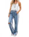Little Secret Of Mine Boho Elastic Waist Pockets Distressed Contrast Wide-leg Pants In Denim/grey In Blue