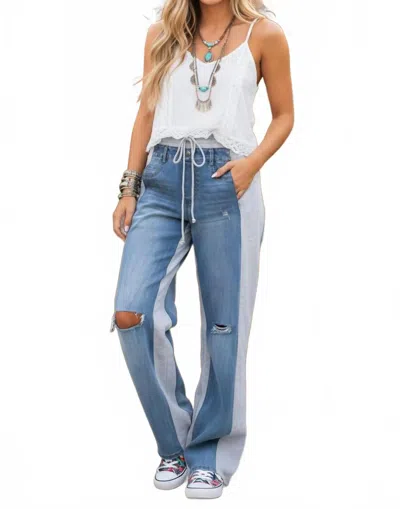 Little Secret Of Mine Boho Elastic Waist Pockets Distressed Contrast Wide-leg Pants In Denim/grey In Blue
