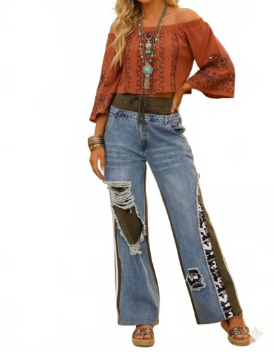 Little Secret Of Mine Boho Elastic Waist Pockets Wide-leg Pants In Camouflage Print Denim In Blue