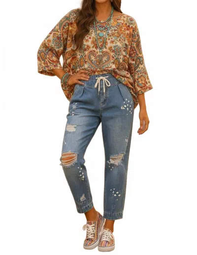 Little Secret Of Mine Distressed Stretch Fit Balloon Paint Splash Denim Tapper Jean In Blue
