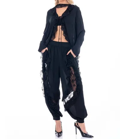 Little Secret Of Mine Midnight Romance Long Sleeve Blouse & Elastic Waist Pants Set In Black In Blue