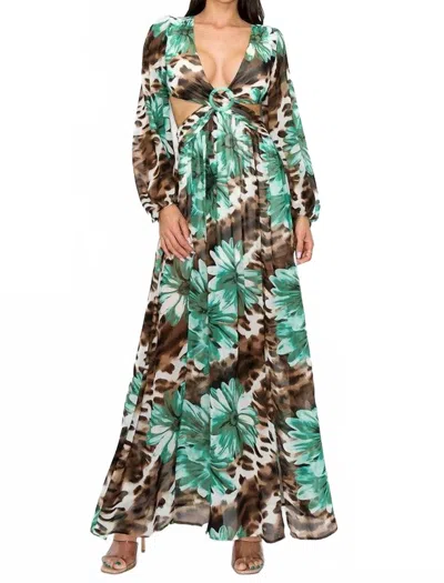 Little Secret Of Mine O-ring Long Sleeve Maxi Dress In Brown & Green