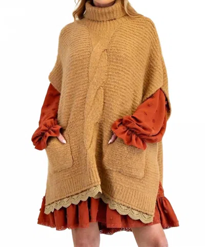 Little Secret Of Mine Stuck On You Turtleneck Lace Bottom Knit Poncho In Camel In Yellow