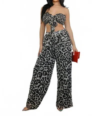 Little Secret Of Mine Women's Into The Wild Animal Sleeveless Tie Crop Wide Leg Pant Set In Multi In Gray