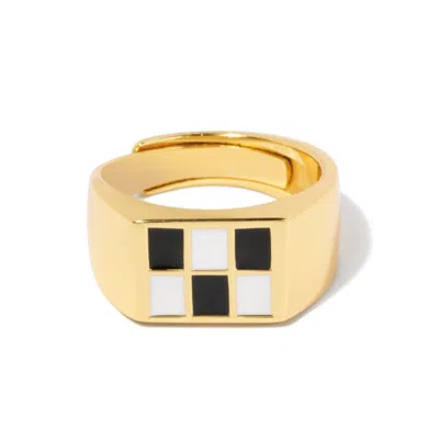 Little Sky Stone Women's Black / White / Gold Enamel Checker Signet Gold Ring