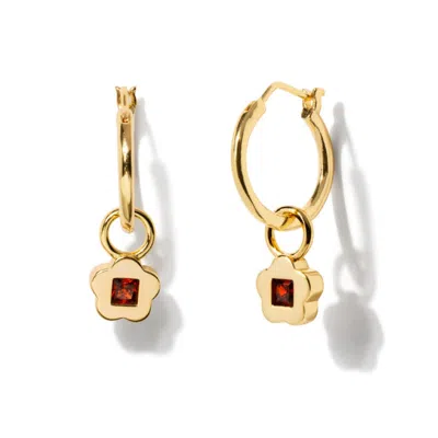 Little Sky Stone Women's Red / Gold Flower Garnet Charm Hoop Earrings