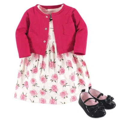 Little Treasure Babies'  Cotton Dress, Cardigan & Shoe Set In Pink