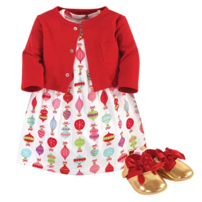 Little Treasure Babies'  Cotton Dress, Cardigan & Shoe Set In Red