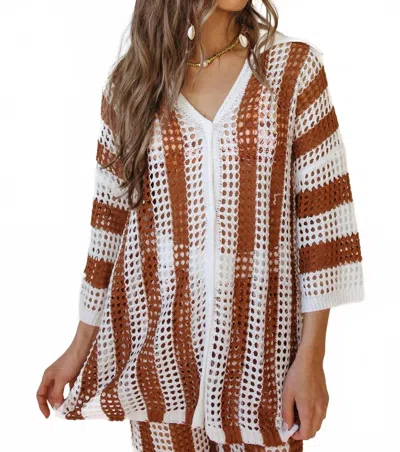 Little Trendy Coastal Crochet Button Up Top In Khaki In White