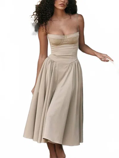 Little Trendy French Retro Long Skirt Suspender Dress In Khaki In Gray