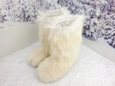 Pre-owned Litvin Creamy Goat Fur Boots For Women, Winter Snow Furry Shoes, Moutons, Handmade In White