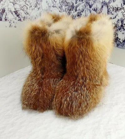 Pre-owned Litvin Handmade Ankle-high Fox Fur Boots For Women, Winter Furry Boots, Moutons In Orange