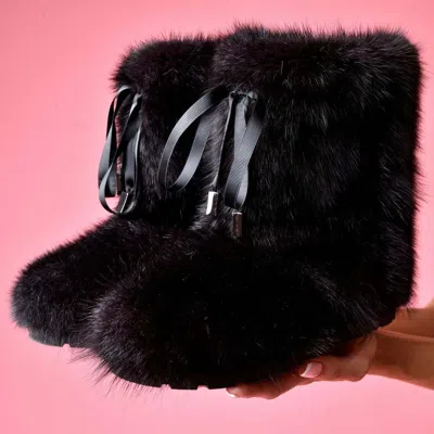 Pre-owned Litvin Muskrat Fur Boots For Women, Winter Snow Boots Womens Furry Boots In Black